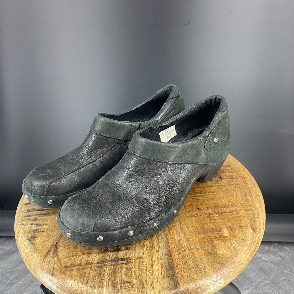Merrell Women’s 7.5 Luxe Black Leather Slip On Mules Clogs Shoes